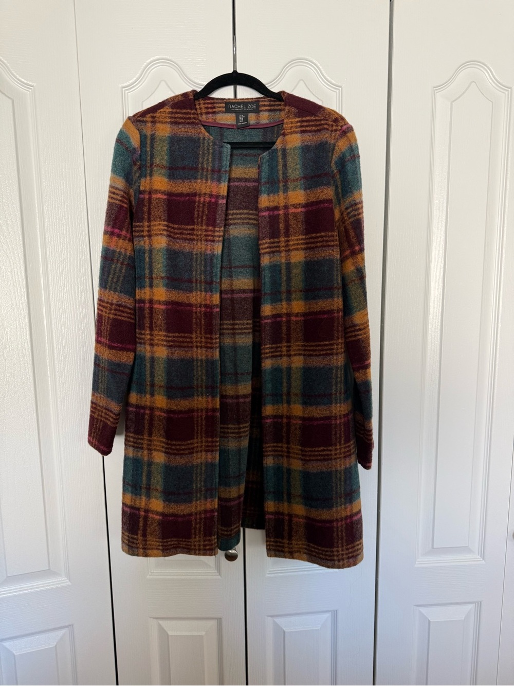 Rachel Zoe Plaid Open-Front Sweater Coat in Burgundy, Teal & Mustard